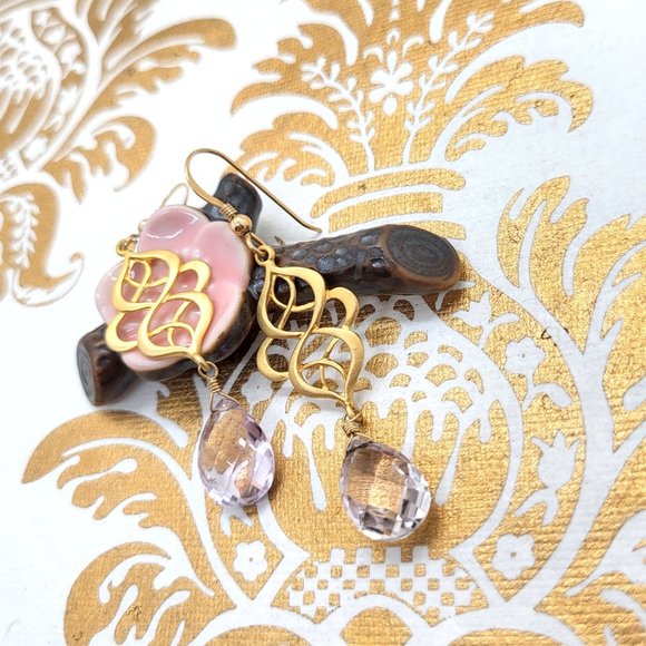 Pink amethyst gold wave gold filled dangle earrings - Picture 2 of 5